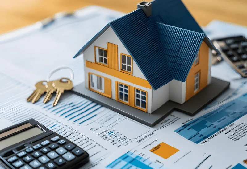Model house placed on mortgage documents with a calculator and keys, representing home refinancing options in portugal.