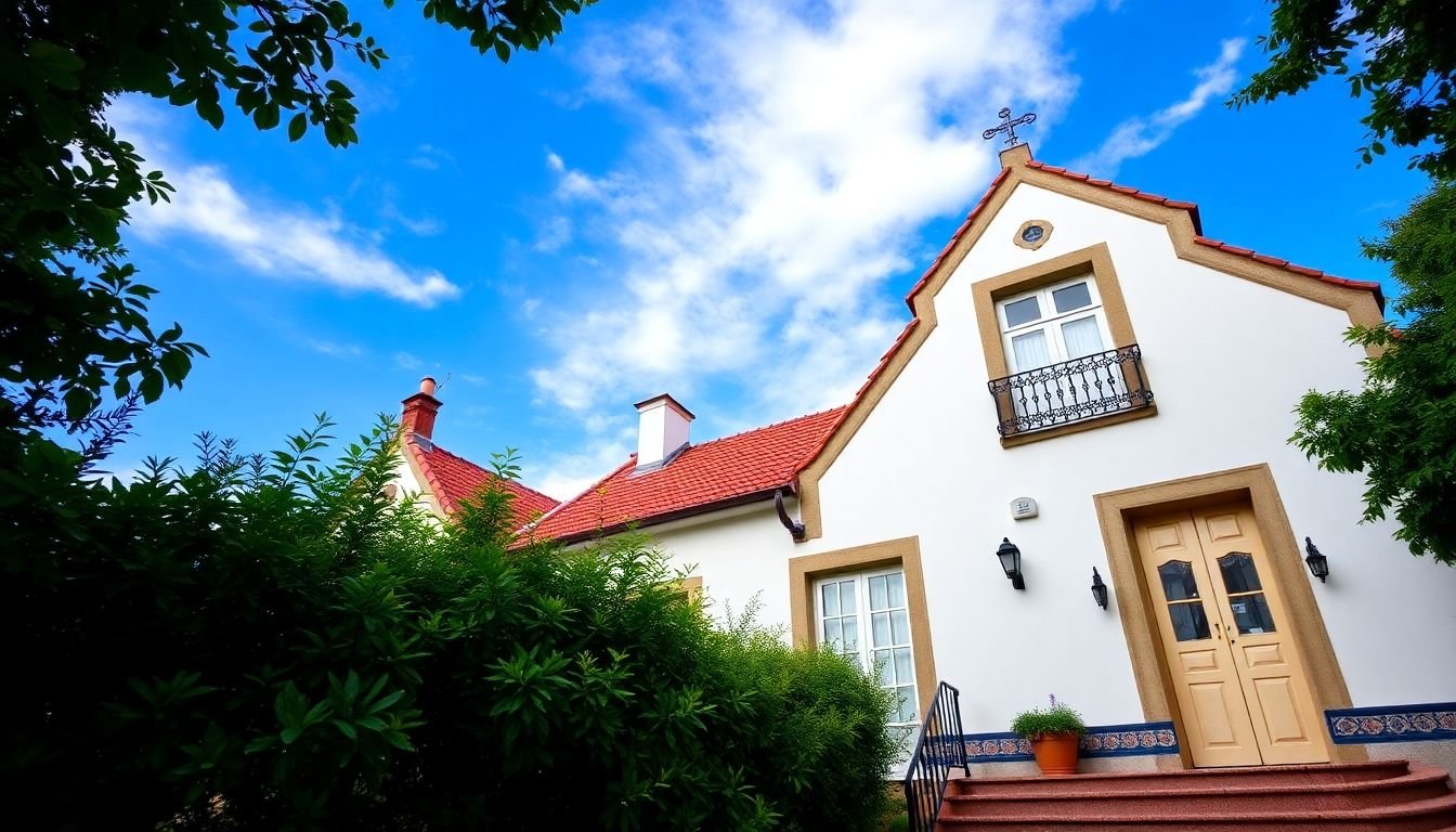 Traditional Portuguese house with lush greenery and blue sky.