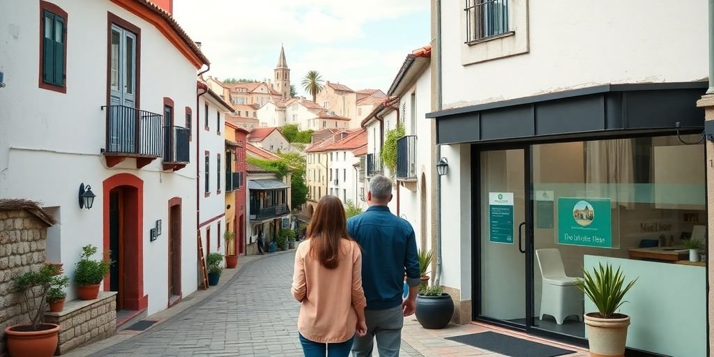 Couple discussing mortgage options outside a real estate office.
