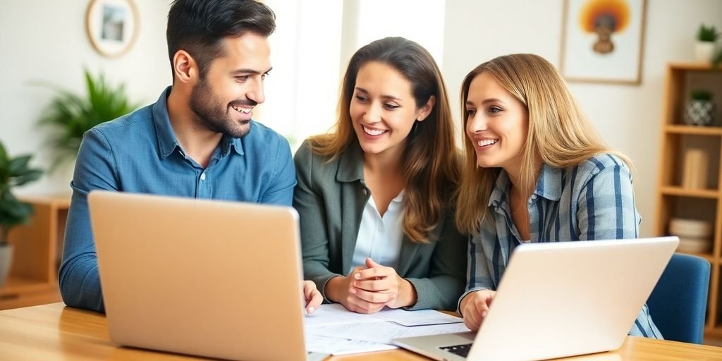 Couple consulting with mortgage advisor in bright office.