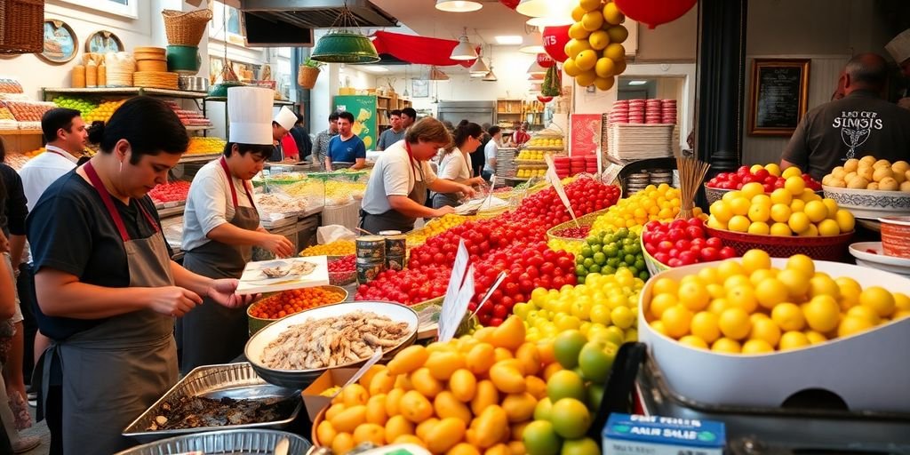 Fresh seafood and fruits in a Portuguese market.