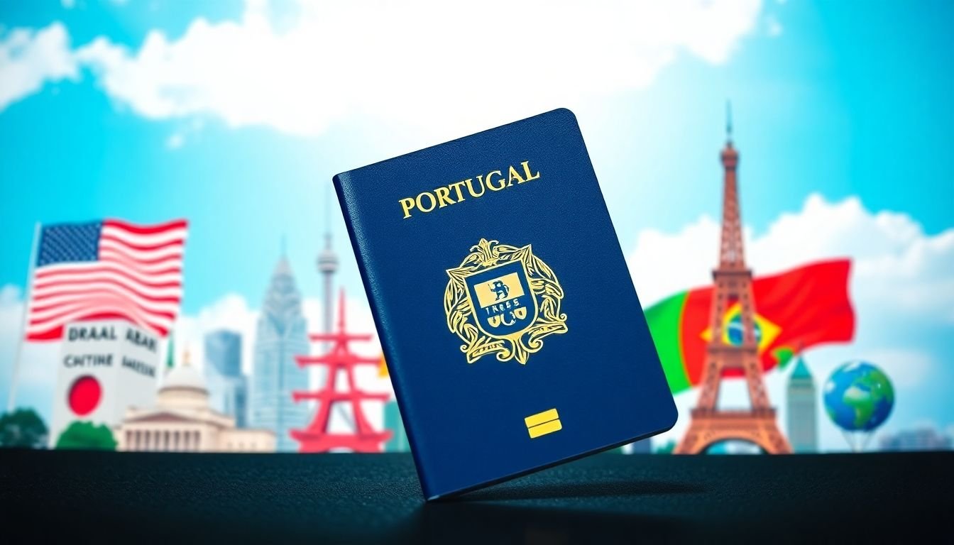 Portuguese passport with famous landmarks in the background.