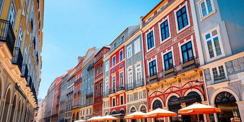 Colorful buildings and outdoor cafes in Lisbon neighborhoods.