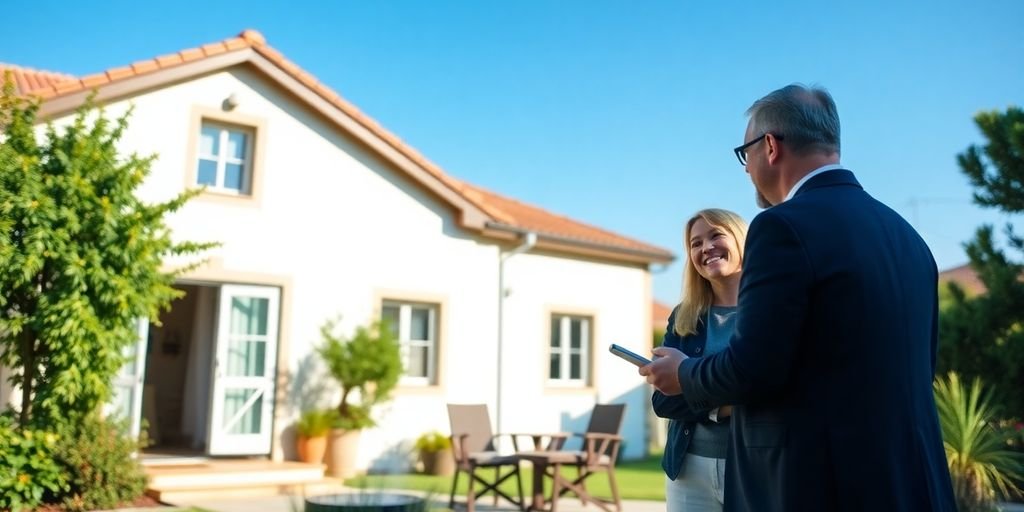 Couple discussing mortgage options with a broker outdoors.