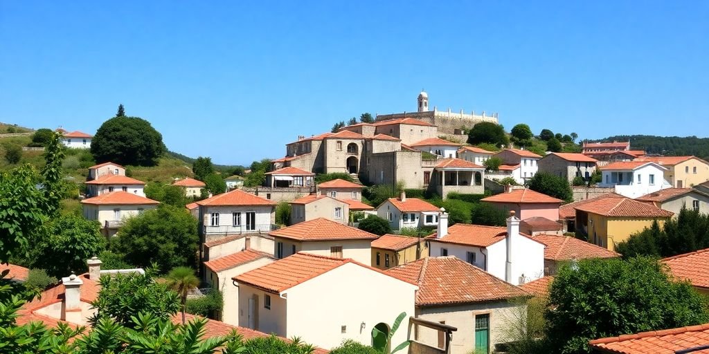 Charming Portuguese village with traditional architecture and greenery.