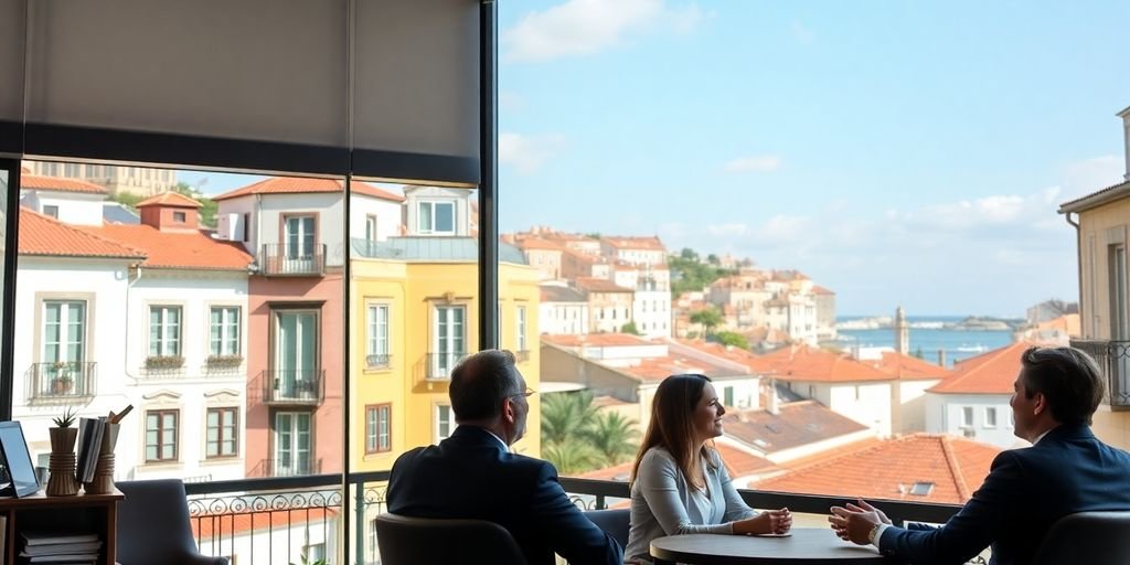 Mortgage broker consulting clients in a cozy Portuguese office.