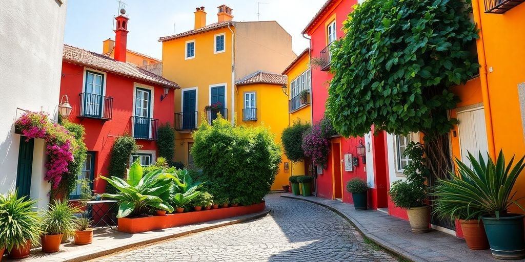Charming Portuguese neighborhood with colorful buildings and greenery.