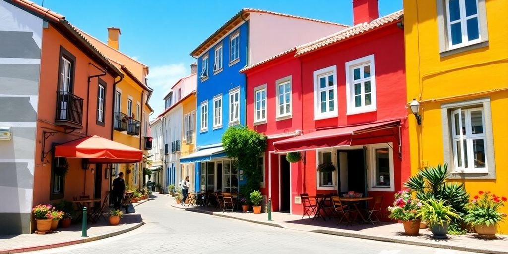 Charming Portuguese street with colorful houses and outdoor cafes.