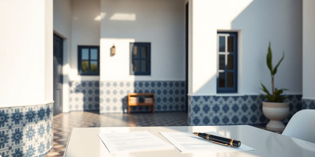 Modern home, Portuguese tiles, financial documents.