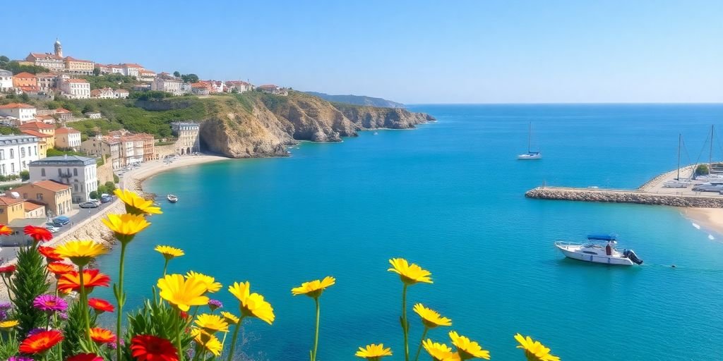 Coastal view of Cascais with beach and colorful buildings.