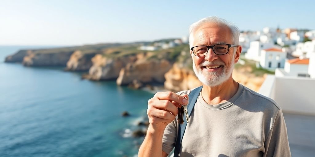 Retiree holding keys with Portuguese coast background.