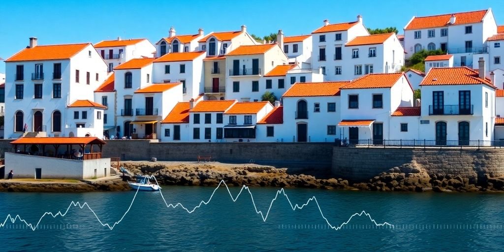 Portuguese coastal village with modern money icon overlay.