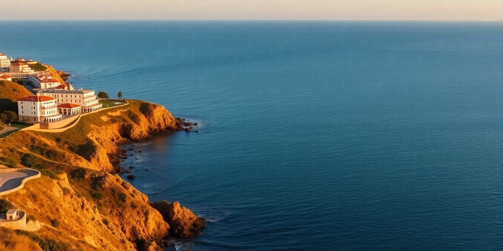Portuguese coast with financial symbols.