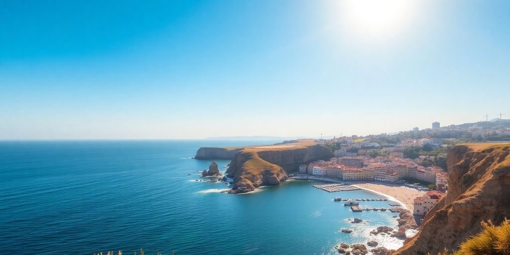 Portuguese coastline with financial growth elements.