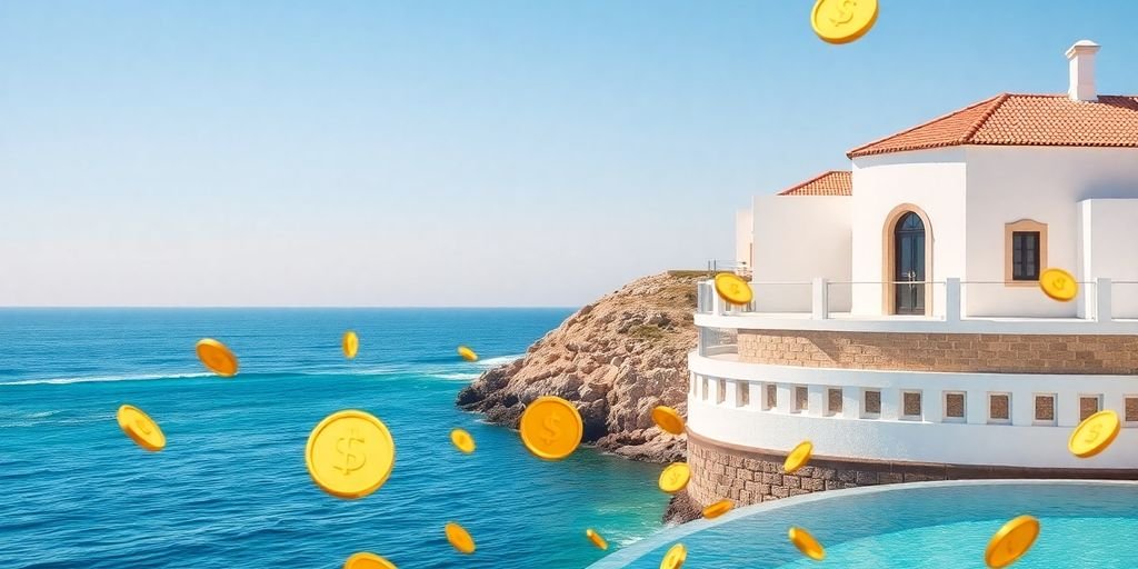 Portuguese flag waving with coins cascading.