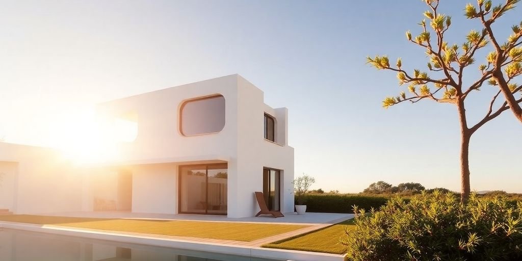 Modern Portuguese home exterior with financial elements.