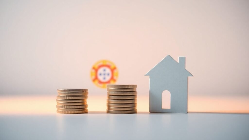 Portuguese flag, coins, and house silhouette.