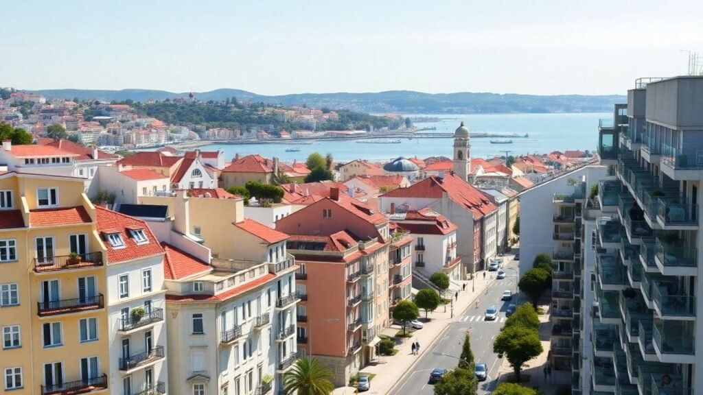 Modern portuguese cityscape with coastal and urban elements