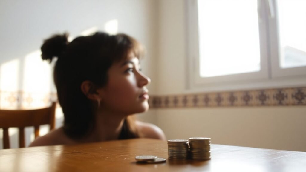 Person considering financial decision with portuguese decor.